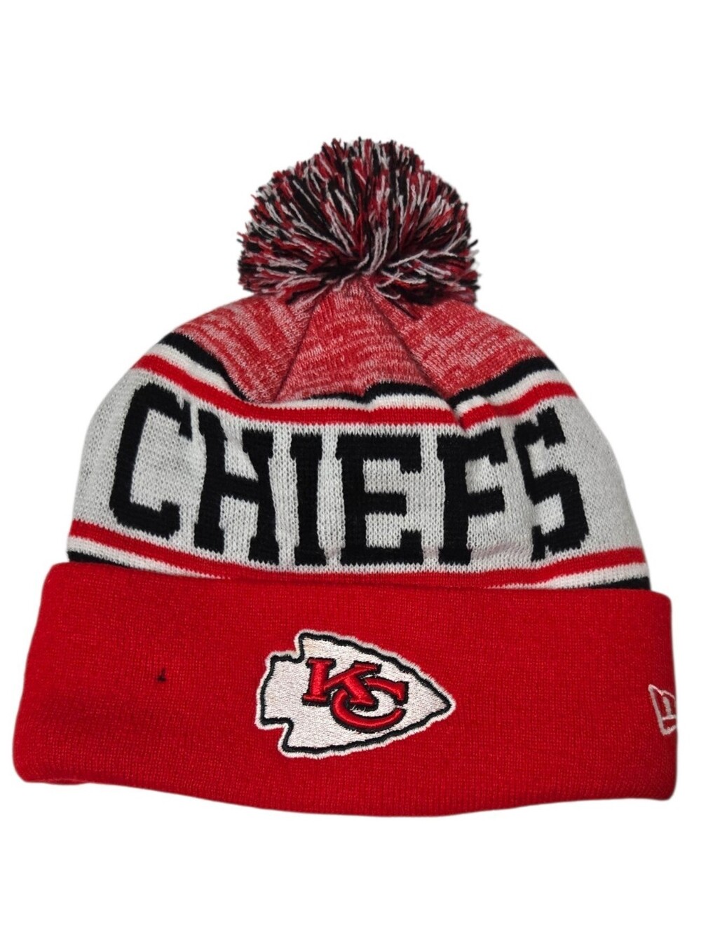 New Era Kansas City Chiefs NFL Pom Knit Hat Beanie Cuffed Lined Gray Red OSFM